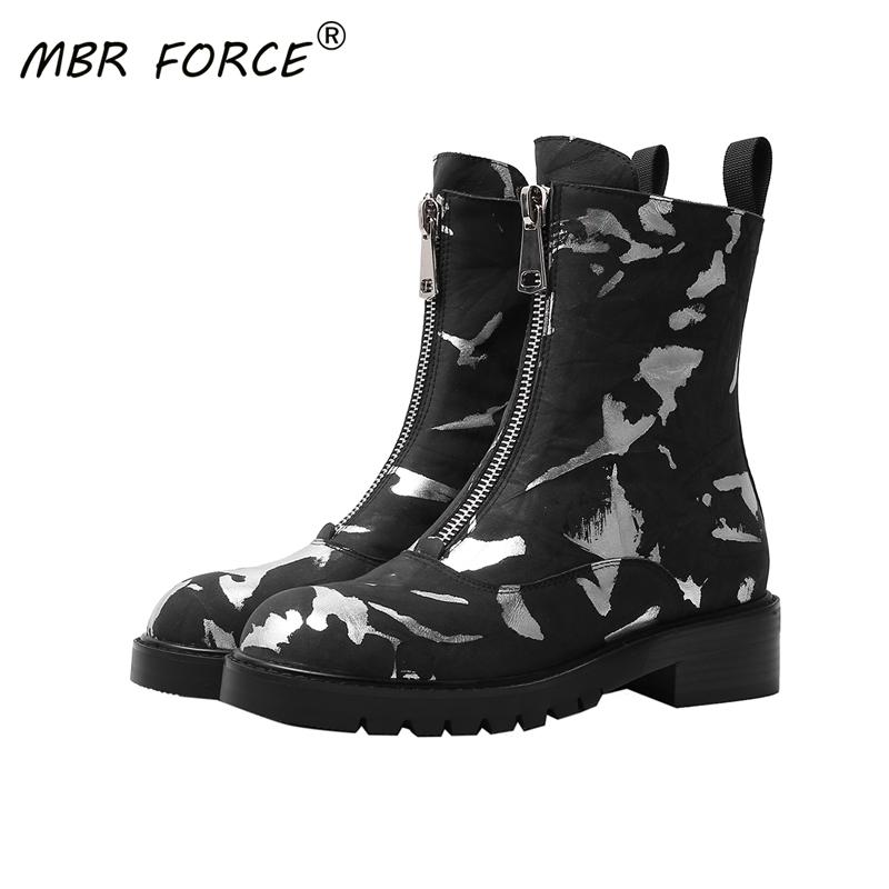

MBR FORCE Fashion High quality cowhide European and American style lace up Retro doodle Simple and versatile ankle boots black, Beige