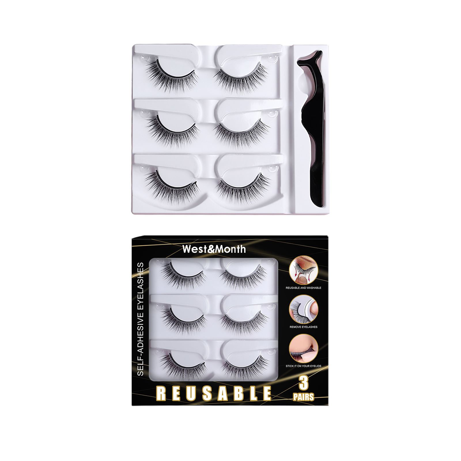 Free freight West&Month Glue-free self-adhesive false eyelashes 3D long and thick net red tape-image-751585151