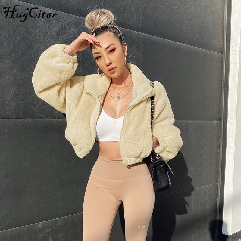 

Short coat 2020 lamb wool zipper sexu cropped jacket autumn winter women fashion streetwear outfits fake fur coat, Beige