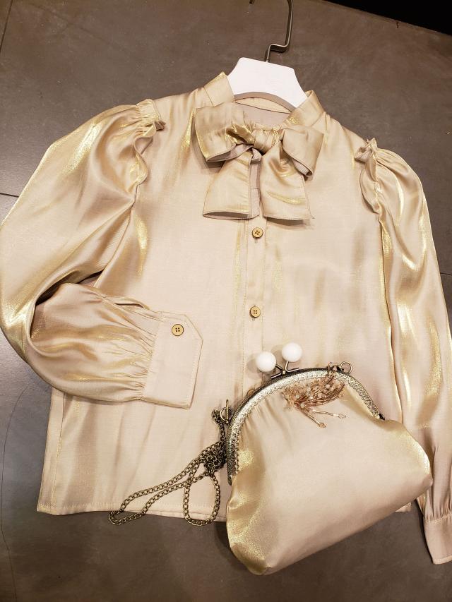 

Metallic Girls Children's Clothing Ribbon Shirt Court Style Top, Golden