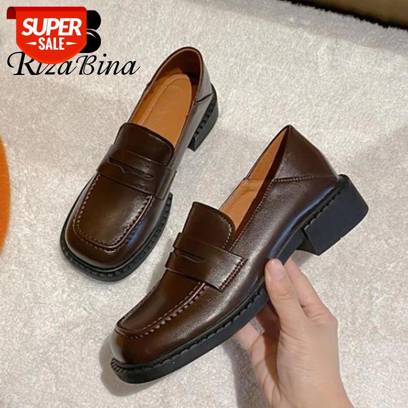 

RIZABINA New Flat Shoes Real Leather Square Toe Women Shoes Fashion Cool Women Club Street Footwear Size 35-39 #0D0T, Black