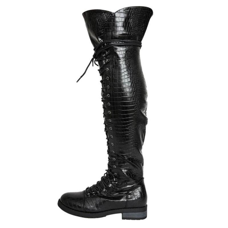 

DEAT] 2020 Round Toe Lace Up Knee-High Pu Leather Single Shoes Women Cool Boots New Autumn And Winter Fashion Tide SG995, Black