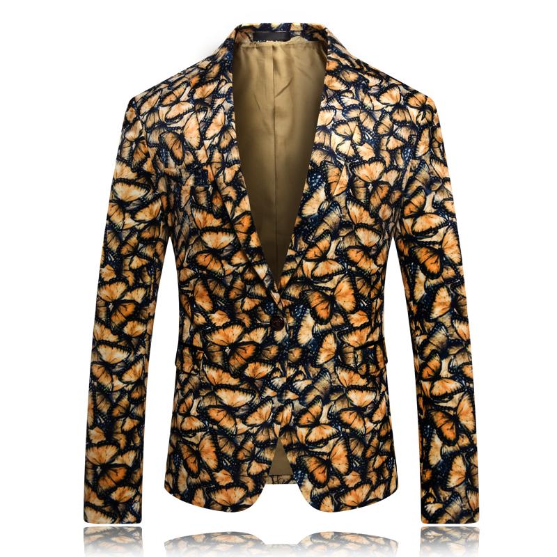 

Brand New Long Sleeve Slim Fit One Button Blazer Fashion Yellow Butterfly Print Suit Men Jackets Jacket Plus Size 5XL, As picture