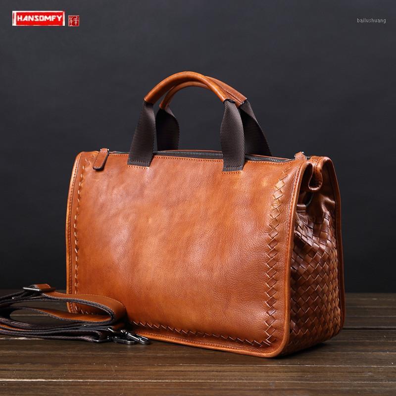 

Vintage Genuine Leather Men's Handbag Retro Casual Travel Shoulder Messenger Bag Hand-woven Business Briefcase Male Laptop Bags1
