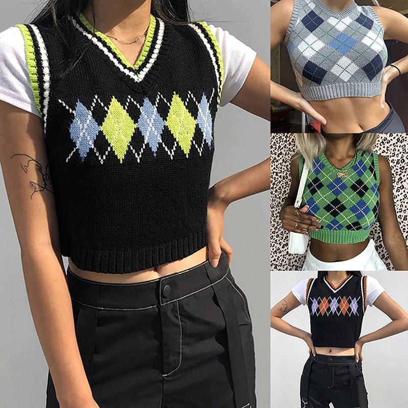 

2020 Fashion Women V Neck Vest Retro Sweater Sleeveless Plaid Knitted Crop Sweaters Short-length Preppy Style Knitted Plaid Vest, 55