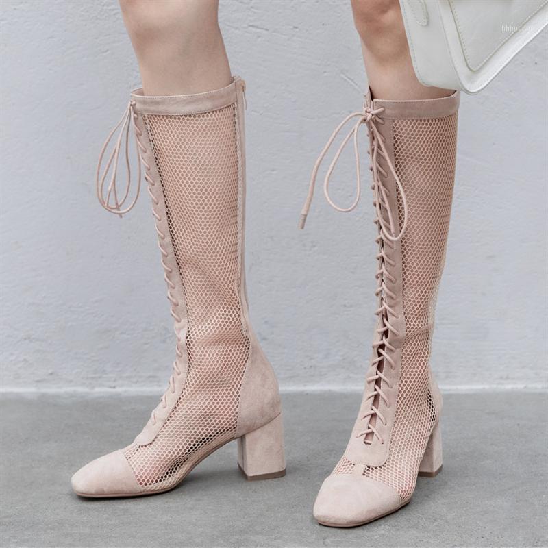

Plus Size 34-43 Fashion Women Sandals Street Fashion Hollow Air Mesh Square Square Med Heel Party Lace Up Knee High Summer Boots1, Beige short
