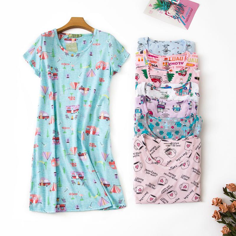 

2020 Summer New Ladies Short Sleeve Sweet Homewear Cute Cartoon Printed Sleepdress Women Comfort Cotton Dress Ladies Large Size, 11