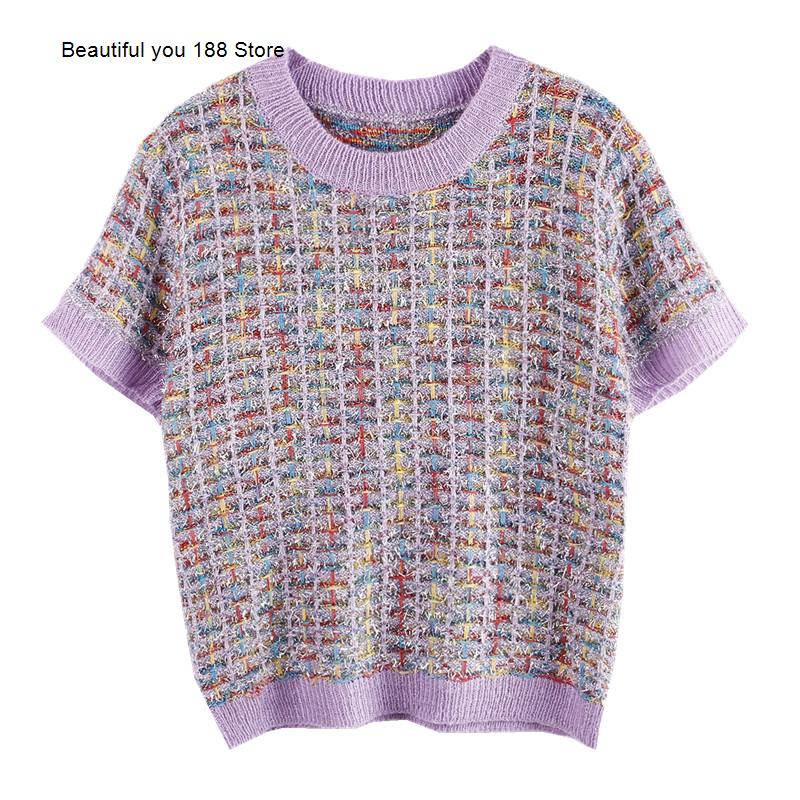 

2021 new spring and summer rainbow color knitted short sleeve silver silk micro flash Crochet Pullover, Purple