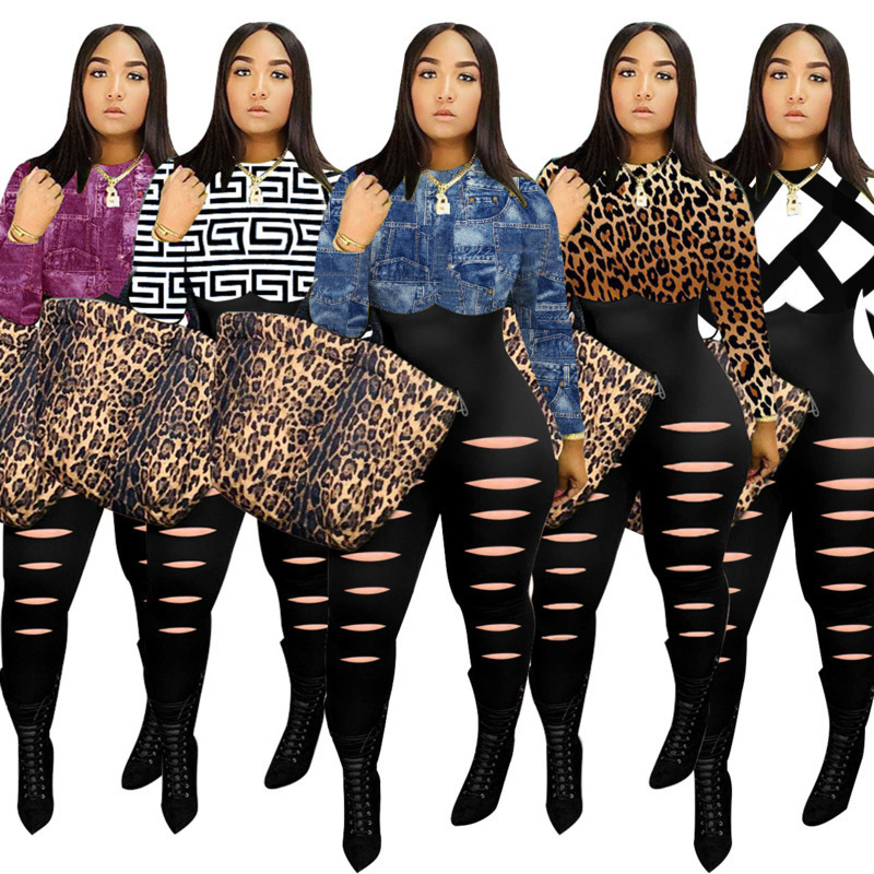 

Women Jumpsuits Designer Sey Slim Leopard Denim Geometric Stitching Printed Hole Onesies Long Sleeves Ladies New Fashion Rompers, Mix colours or leave a message