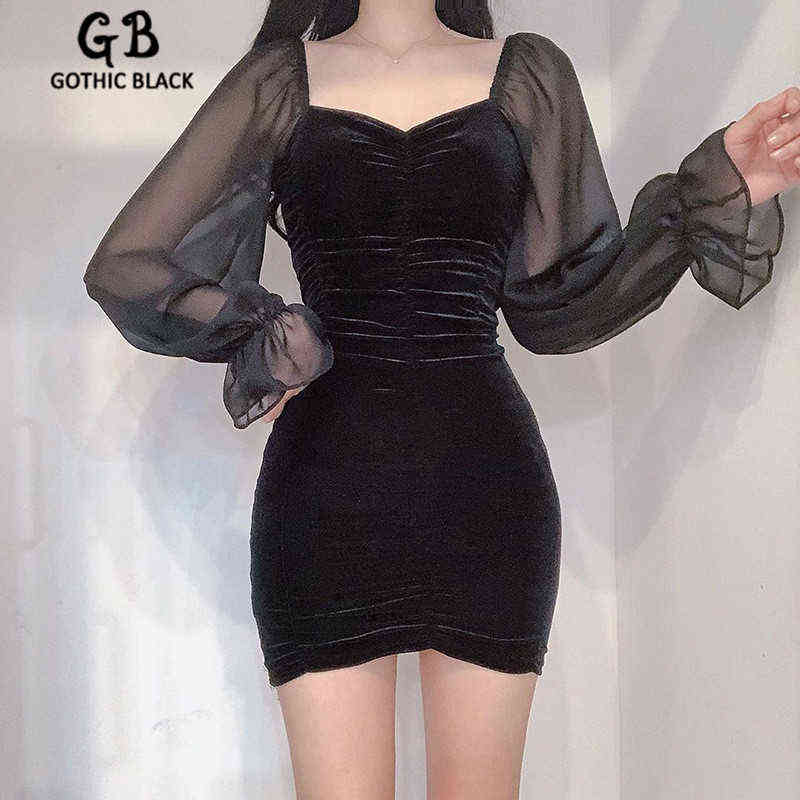 

Gothic Black Women V-Neck Splice Mesh Long Sleeve Folds Slim Mini Dress 2020 Spring Goth Female Dark Puff Sleeve Bodycon Dresses G1223