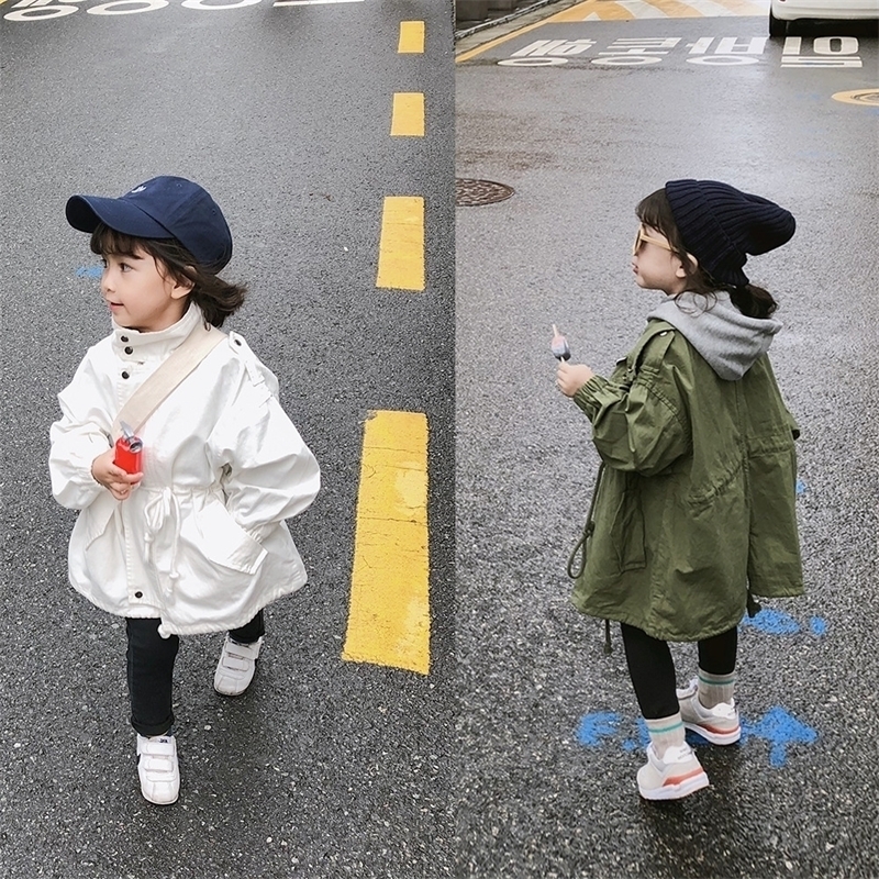 

Autumn korean style baby girls fashion long sleeve trench coats 2-6 years solid color loose casual Lashing coat children jackets 201106, White