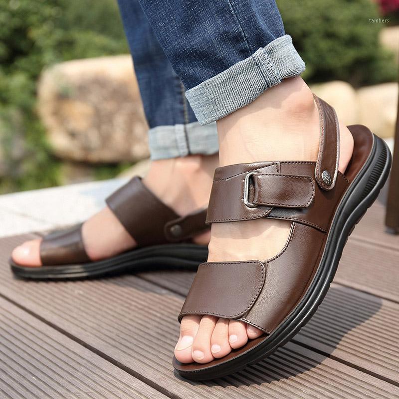 

Comfortable dual-use beach sandals men shoes summer solid genuine leather slip-on shoes men sandals platform sandalias hombre1, Black