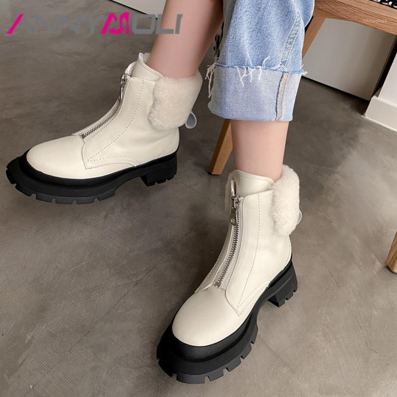 

ANNYMOLI Real Leather Platform Mid Heel Ankle Boots Women Shoes Zipper Thick Heels Wool Fur Short Boots Ladies Winter Beige 401