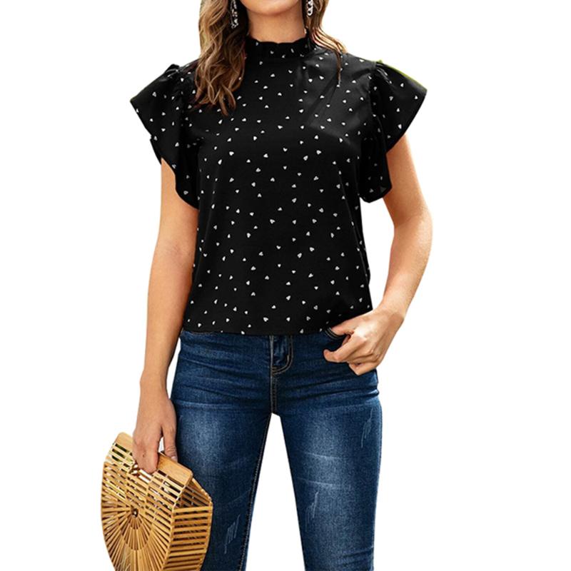 

Summer Polka Dot Printed Shirts And Blouses Women Casual Short Sleeve Ruffled Blouses Tops Ladies Vintage Loose Blouse Blusas 30, Black