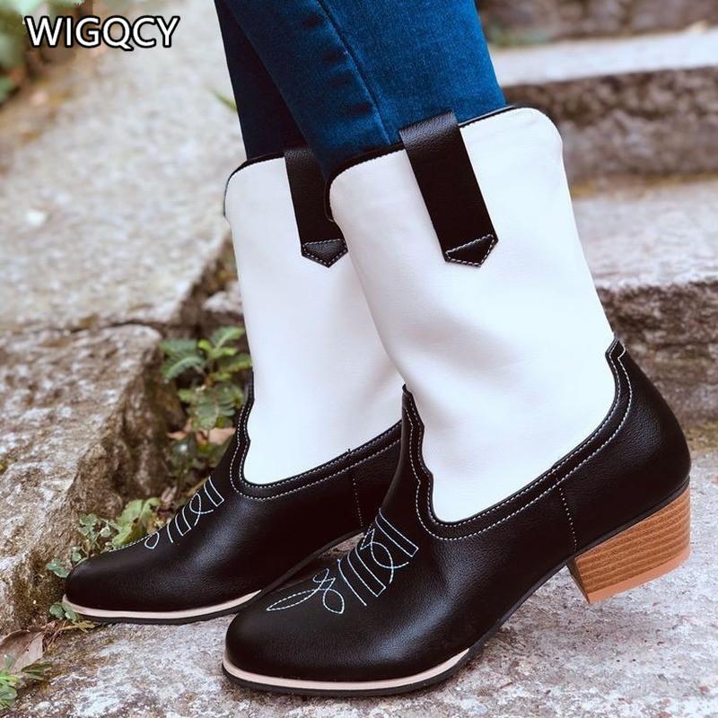 

Autumn Women's Retro High-heeled Boots Embroidered Thick Heel Pointed Toe Plus Size Short, Black and white