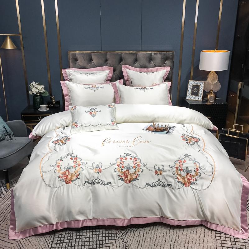 

New Luxury White 60S Satin Silk Cotton Bedding Set Flower Pillowcase Sheet Bed Home Fitted Embroidery Textiles Linen Duvet Cover