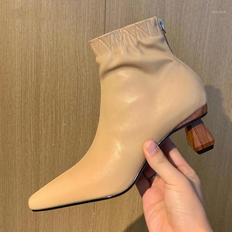 

Concise Genuine Leather Women Ankle Boots 2020 Autumn Winter Back Pointed Toe Zipper Thick Heels Pumps Party Basic Shoes Woman1, Beige