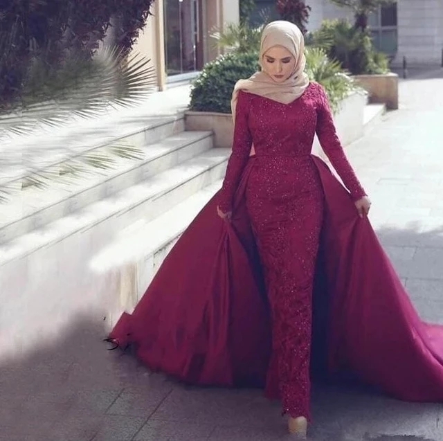 

Vintage Wine Muslim Detachable Train Prom Pageant Dresses 2022 Lace Long Sleeves Mermaid Cocktail party Evening Formal Gowns Designer, Dark green
