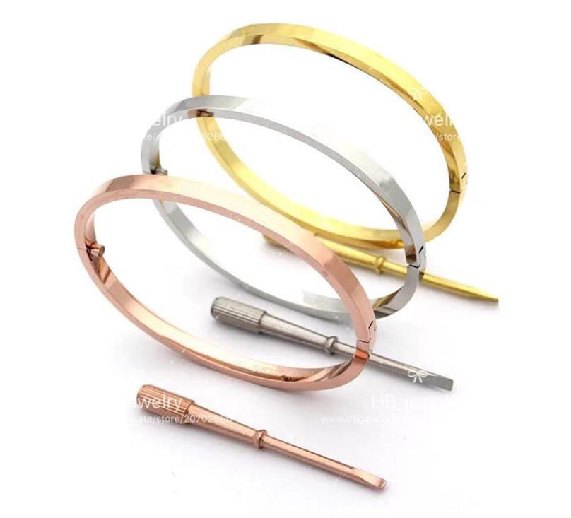 

Thin 4MM silver rose 18k gold plated 316L stainless steel screw bangle bracelet with screwdriver Clear Word with BOX.