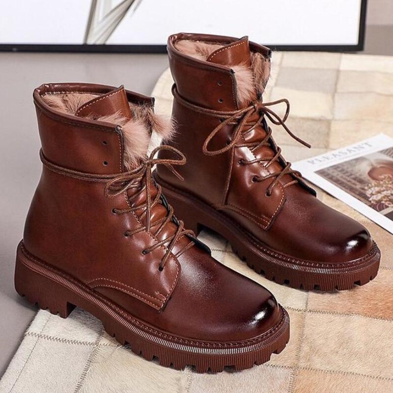 

Womens Boots Winter Leather Boots Round Toe Plush Keeps Warm Woman Fashion Motorcycle Platform Botas Chunky Botas De Mujer, Black