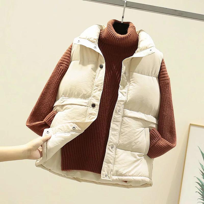 

2020 Women Sleeveless Vest Winter Warm Plus Size 2XL Down Cotton Padded Jacket Female Veats Mandarin Collar Sleeveless Waistcoat, Beige