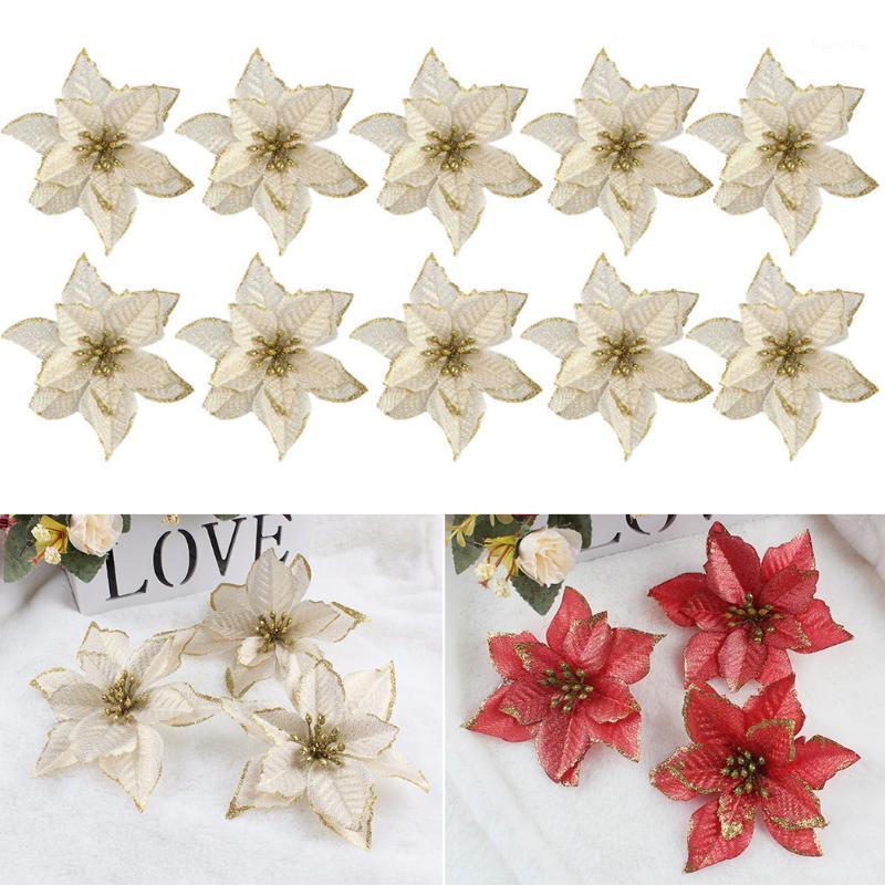 

10pcs Artificial Flowers For Decoration Glitter Poinsettia Fake Flowers DIY Home Wedding Fake Flower Head Christmas Tree Decor1