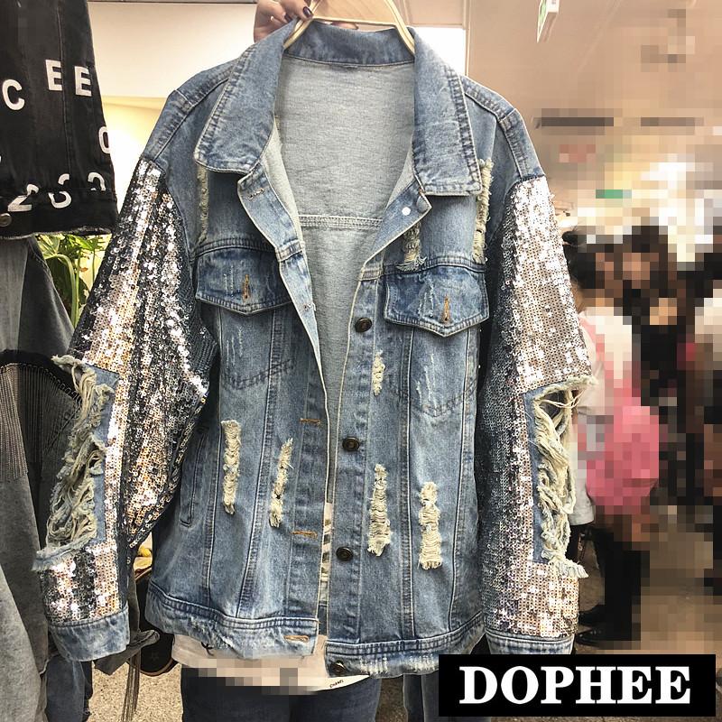 

2020 Spring and Autumn New Heavy Sequins Women' Loose Denim Jacket Personality Break Hole Jeans Coat Female Students Outwear, Blue