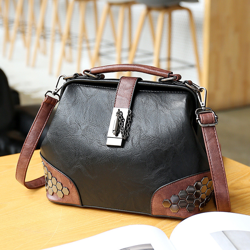

Wholesale factory ladies shoulder bags retro solid color leather handbags street personalized rivet crossbody bag contrast sequins decorative fashion handbag, Brown(boutique box)