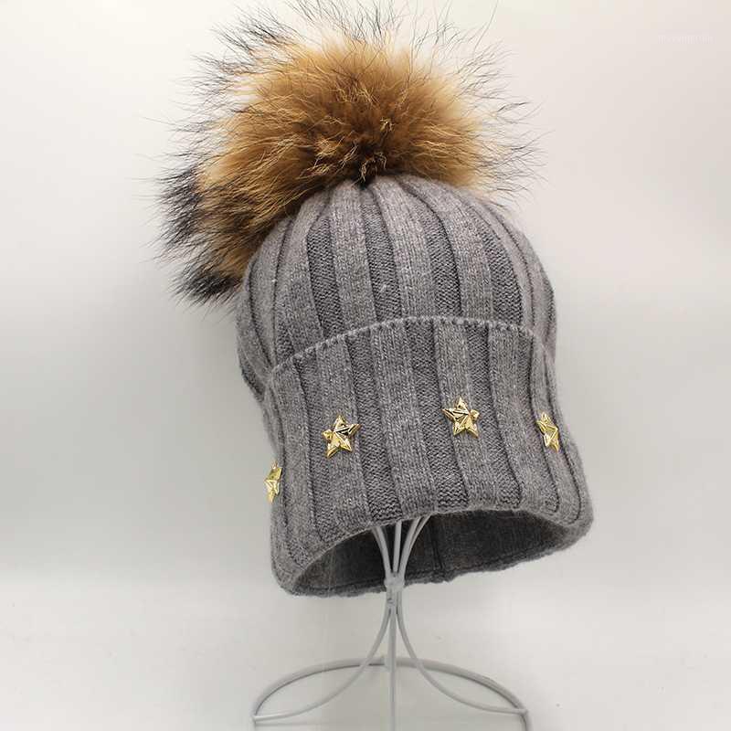 

[Rancyword] Thick Winter Hats For Women angora Beanies Hat knitted wool warm Beanie With Back 2020 New Golden stars1, Grey color