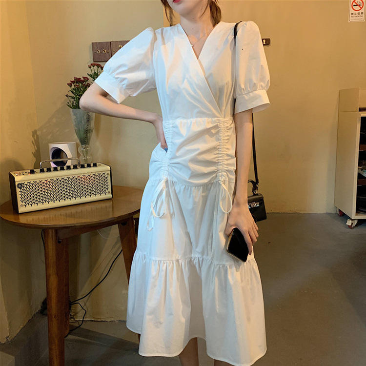 

2021 New Women's clothing summer fashion tempers plied edge casual all-match draw string v-neck thin dress THR3, White