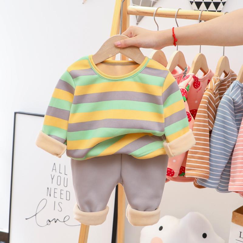 

New 2021 Kids Boys Thicken Pajama Sets Striped O-Neck T-Shirt Tops with Pants Baby Girls Autumn Winter Warm Sleeping Clothes, Blue