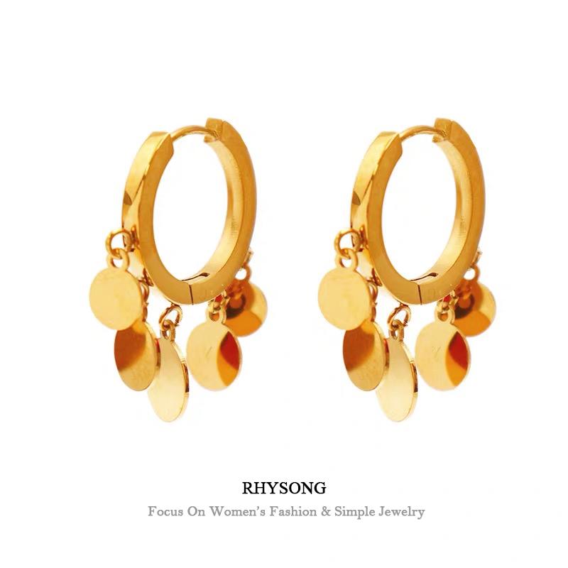 RHYSONG Stainless Steel Gold Shiny Mini Round Slice Tassel Drop Earrings For Women Sexy Circle Hoop Earing 2021 Tredny Korean-image-638336703