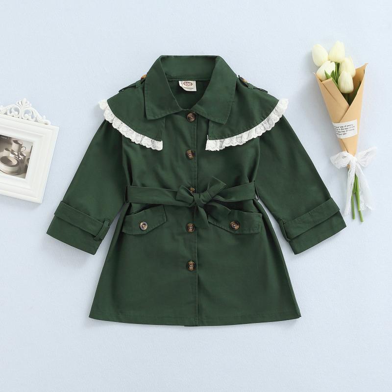 

Coat 2-7 Years Girls Full Sleeve Casual Trench With Waistband, Dark Green Single-breasted Lace Hem Collared Long Jacket, Blue;gray