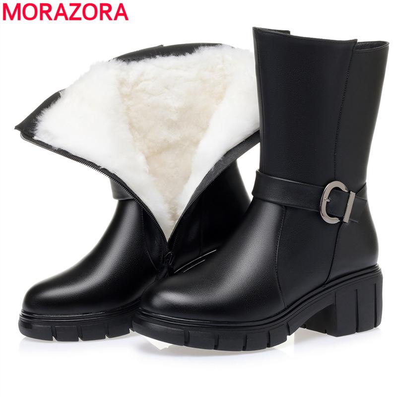 

MORAZORA Nature wool genuine leather boots women zip mid calf winter boots buckle high quality ladies snow footwear shoes, Black with fur