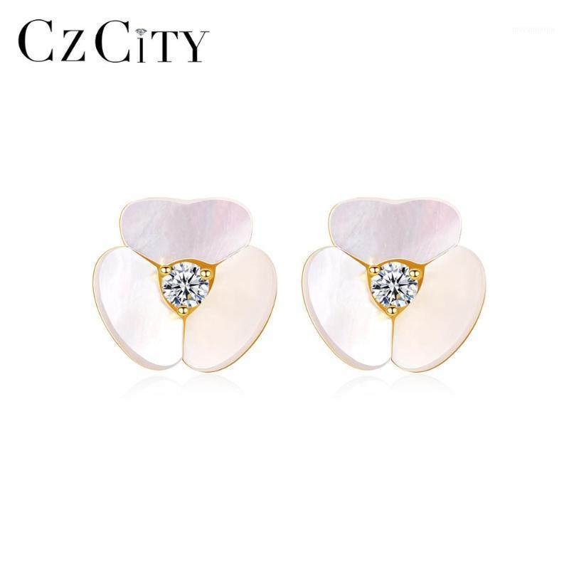 

CZCITY 925 Sterling Silver Stud Earrings for Women Girls Clear CZ Stone Romantic Flowers Fine Jewelry Orecchini Donna SE-4611