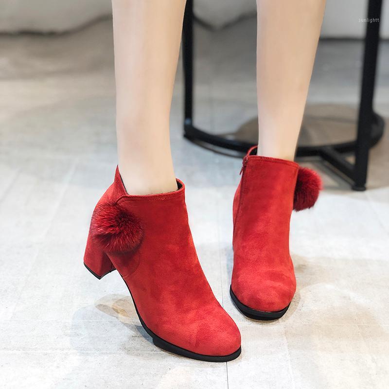 

Women Warm Red Black High Heel Ankle Boots Women 6 Cm Square Heel Boots Hairball Decoration Elegant Plush Short Female1