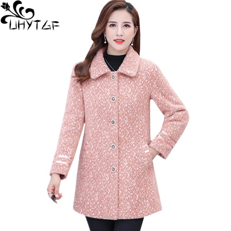 

UHYTGF Quality Mink Fleece Winter Woolen Jacket Pure Color Wild Elegant Women Plus Size Tops Long Sleeves Thick Casual Coat 1848, Pink