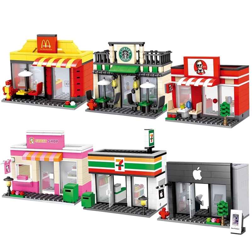 

Compatible Toy City Mini Street Cafe Food Retail Convenience Store Architecture Building Blocks Sets Toys For Children LJ200928