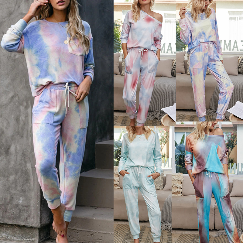 

2021 Autumn Women's Gradient Pajamas Tie-dye Long Pants Leisure Tops Two Ladies'suit Parts 2 Piece Assembly K5zg