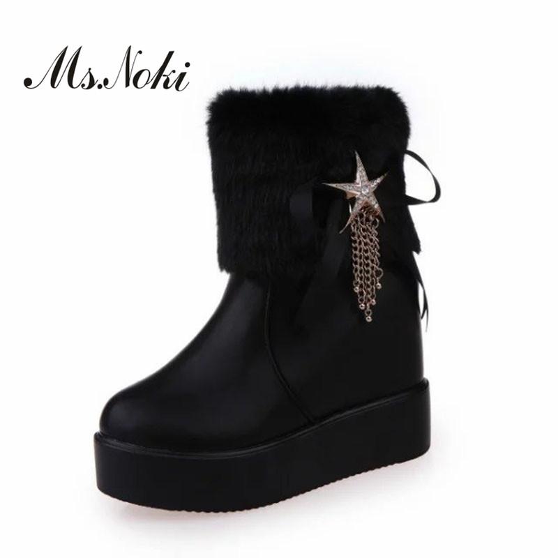 

Fashion butterfly knot solid snow boots women warm plush flat with ladies boot winter shoes zip round toe sweet woman boots hot, Black