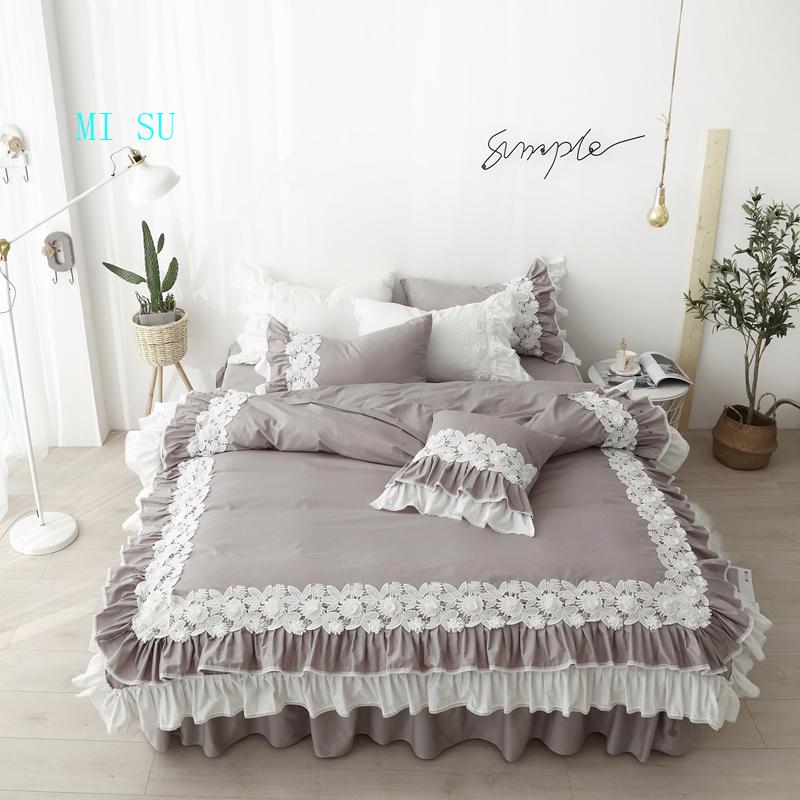 

Pure cotton lace Bedding Sets gray Japanese Duvet Cover luxury Bed Linen princess bed skirt  queen king wedding bedclothes, Style3