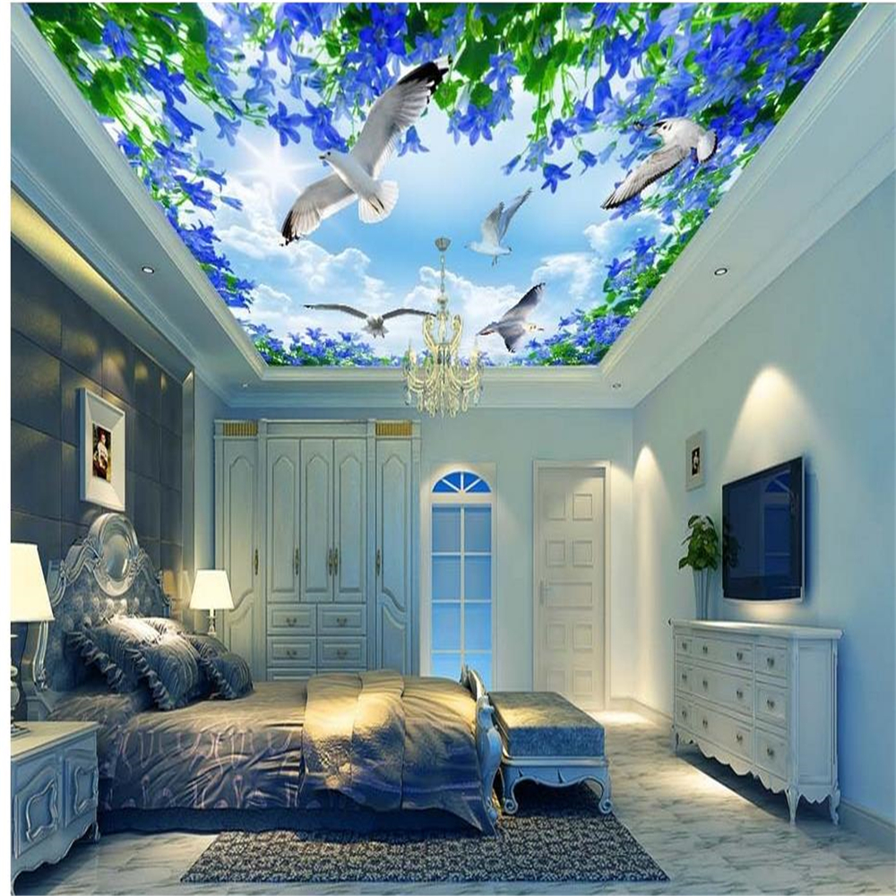 Beautiful sky sea blue flower ceiling decoration painting 3d landscape wallpaper 3d ceilings-image-609983328