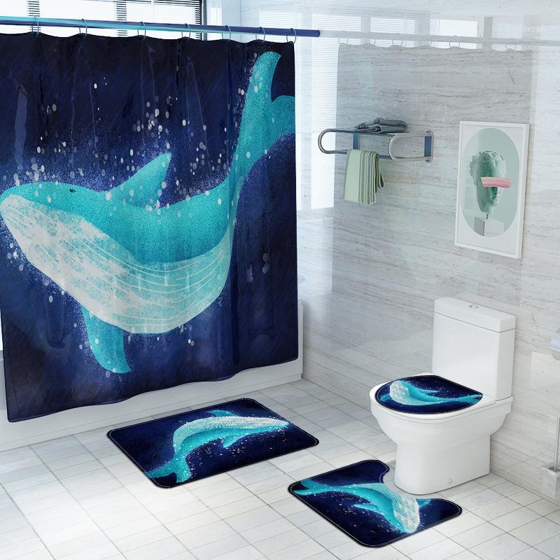 

Mediterranean Cartoon Whale Shower Curtains Printing Polyester Frabic Bath Curtain Toilet Seat Cover Floor Mat Pedestal Rug1