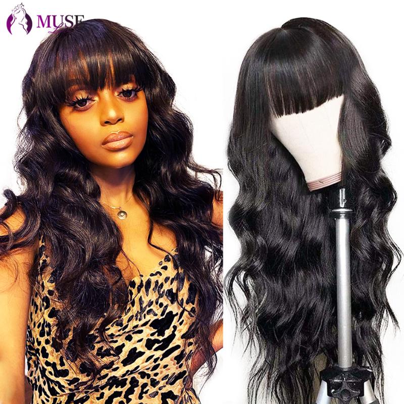 

MUSE LOVE Peruvian Body Wave Human Hair Wigs With Bangs 180% Full Machine Made Wavy Human Hair Wigs For Women 30 inch Fringe Wig, Natural color