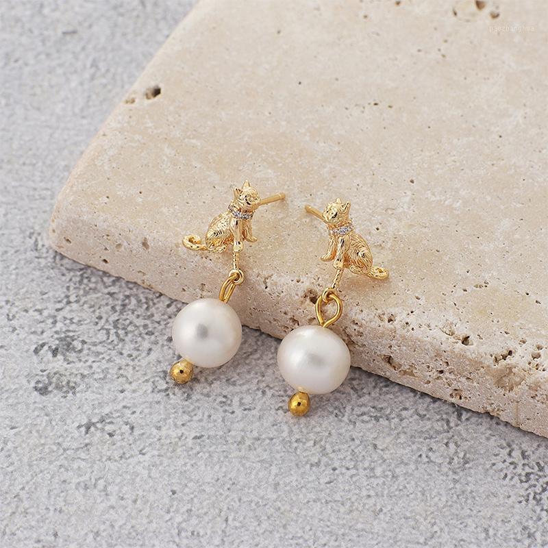 

Stud One Pair Gold Plated Brass Cat Earring Post With Fresh Water Pearl (BE108), Golden;silver