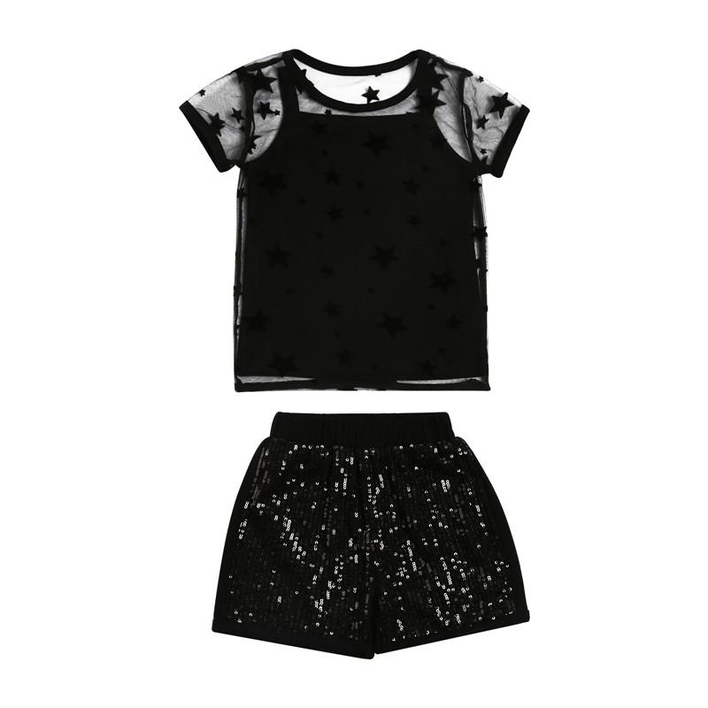 

Children Girls Clothing Sets Kids Girls Transparent Short Sleeve T-shirts+Crop Tops+Sequins Shorts Pants 3pcs Outfits, As pic