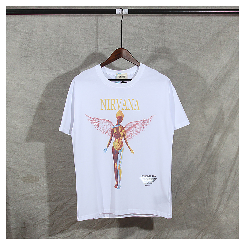 

2021 Spring and Summer New Angel Print Cotton Short Sleeve Oversize Men's O-neck T-shirt Street Fashion Tees Rohh, White