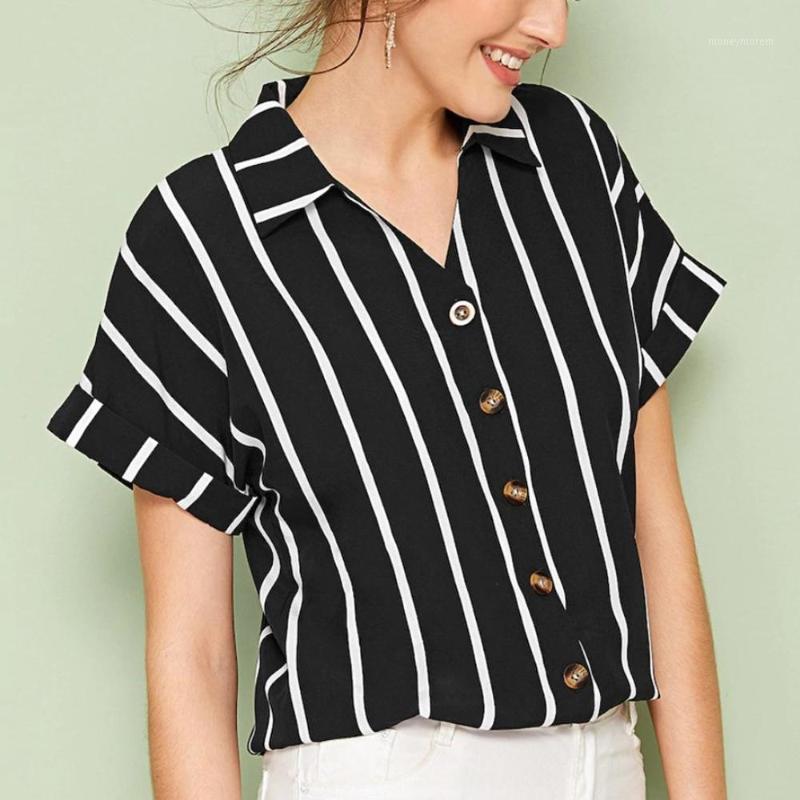 

Plus Size Women' Shirt Ropa Mujer Women Leisure Work Stripe Button Blouse Lapel Loose Tops Short Sleeve Shirt Women Blouses1, Black