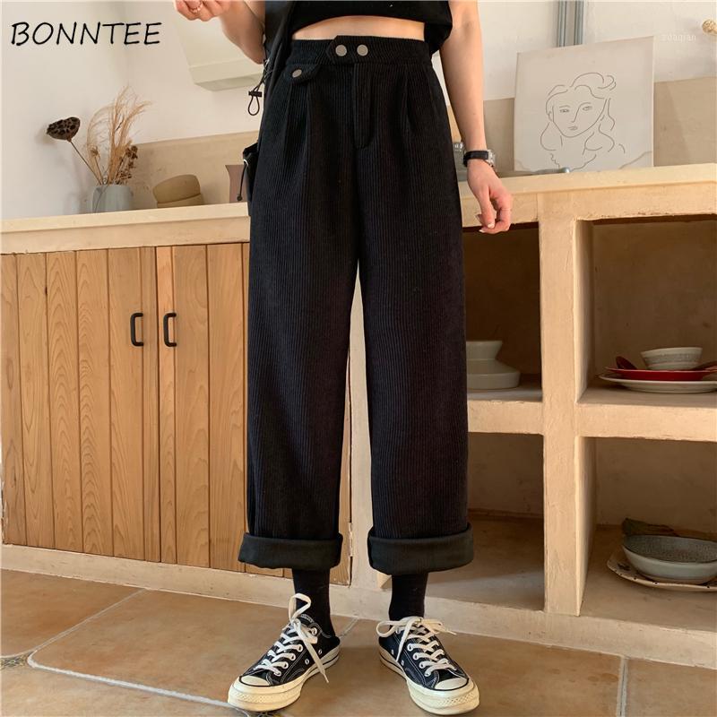 

Pants Women Ribbed Solid Simple Corduroy Winter Warm Elegant All-match Loose Ins Slim Harajuku Girls Daily Streetwear Fashion BF1, Black