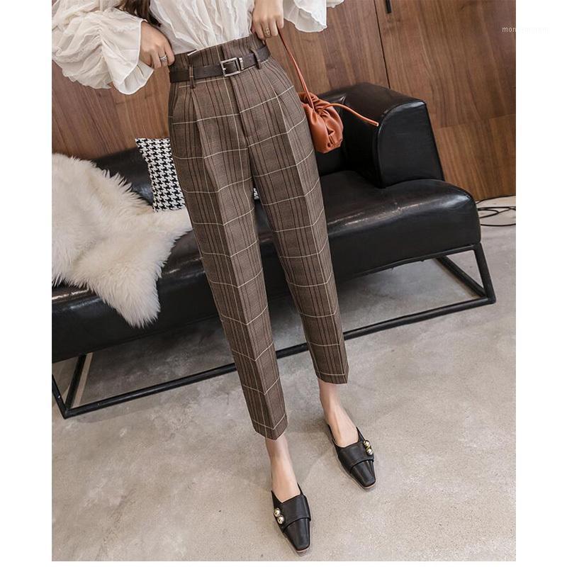 

Elegant Formal High Waist Pants Women Skinny Office Lady Pencil Pants Women Pockets Sashes Ankle-Length Trousers1, Brown